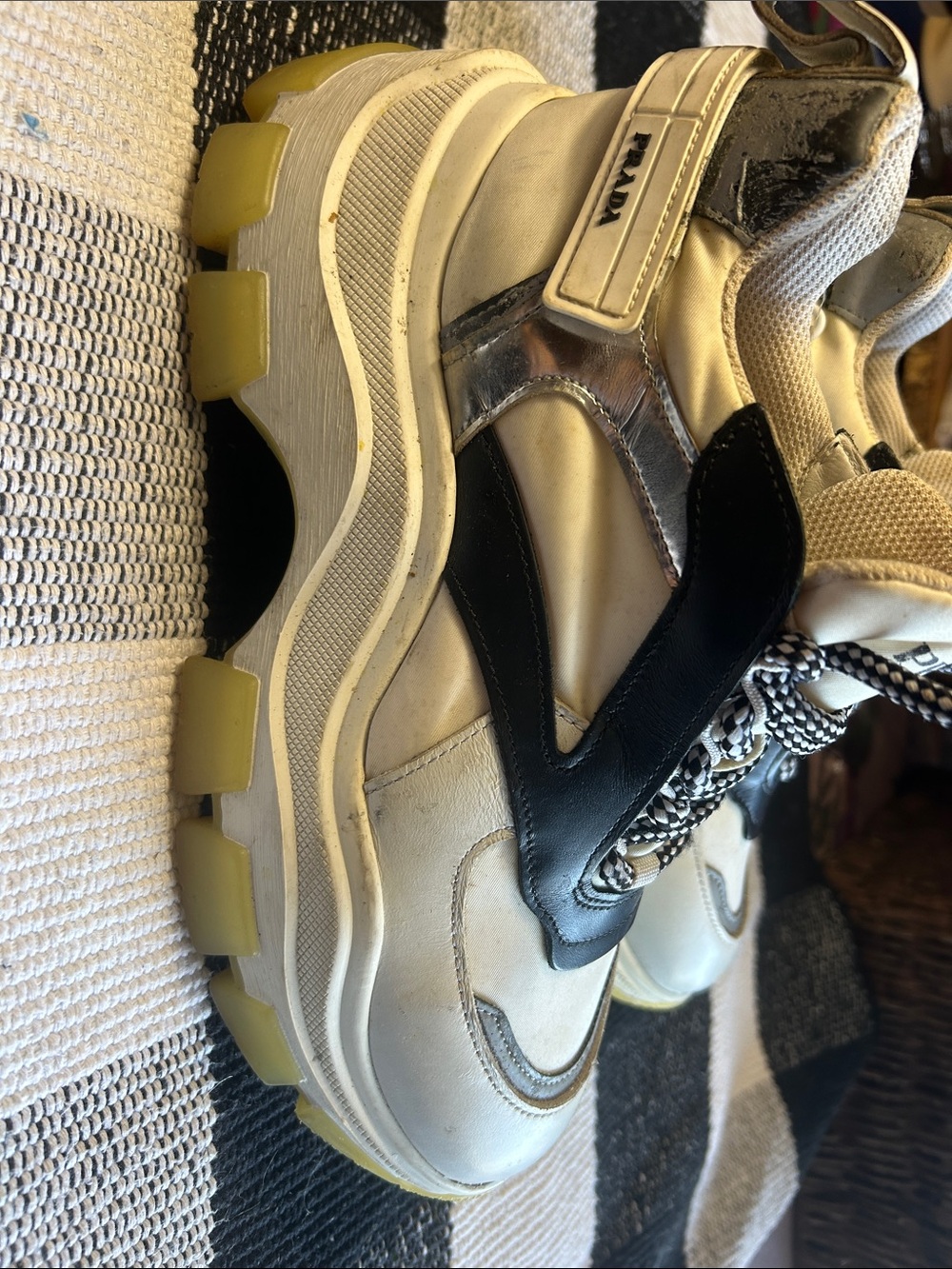 Prada Chunky Lace-Up Sneakers in Cream, Black & Gray - Picture 7 of 10